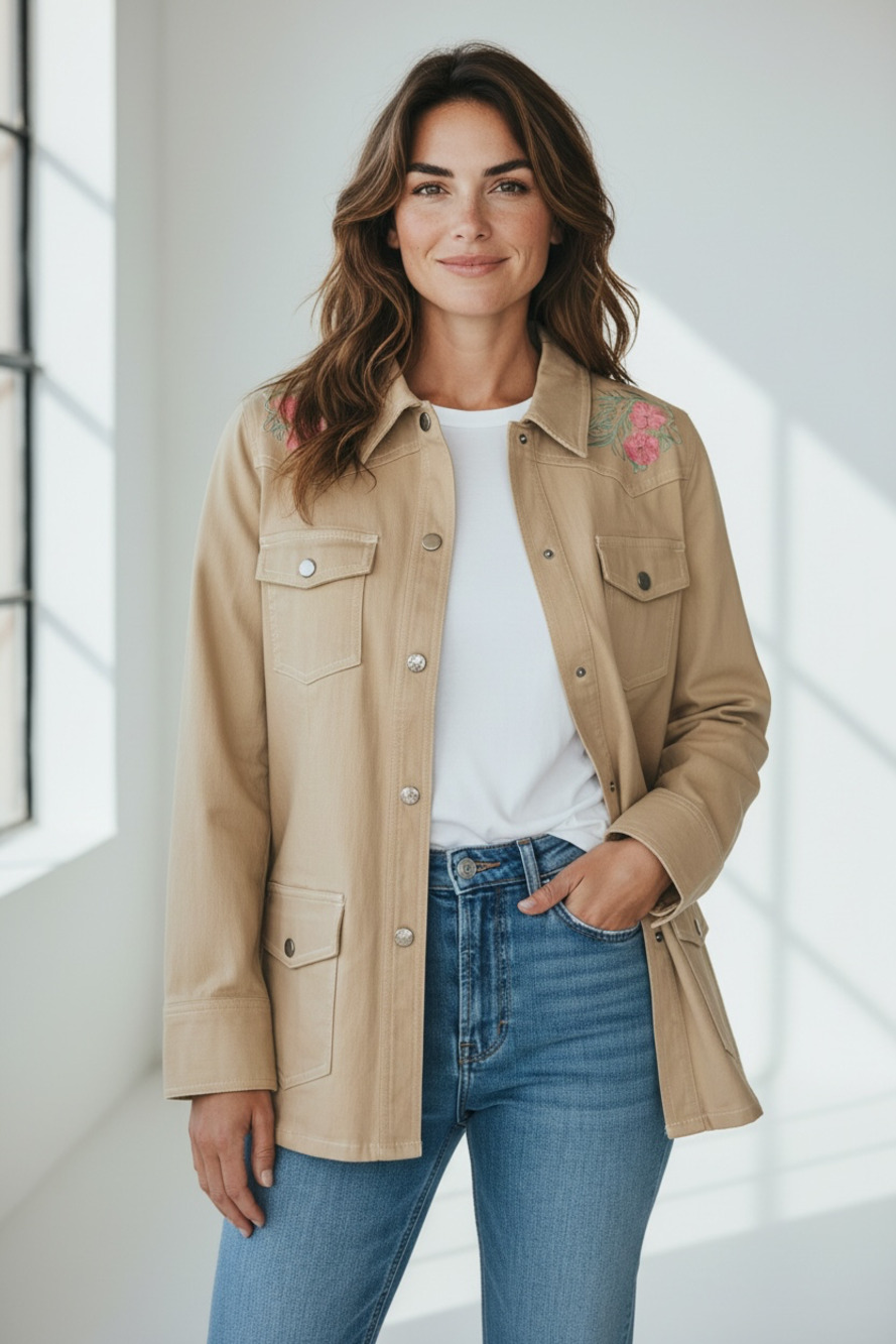NWT Denim & Co. Tan Embroidered Floral Jean Jacket  (FB2)